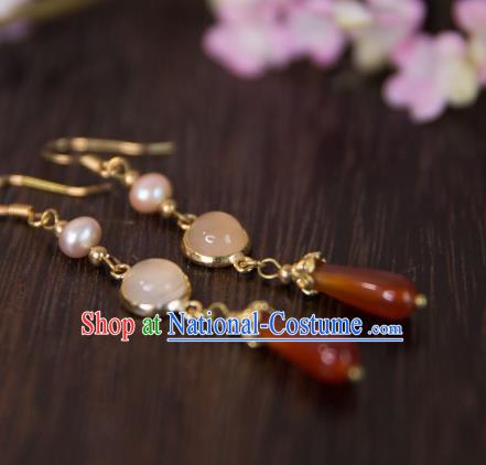 China Traditional Hanfu Agate Earrings Ancient Ming Dynasty Princess Pearl Ear Jewelry