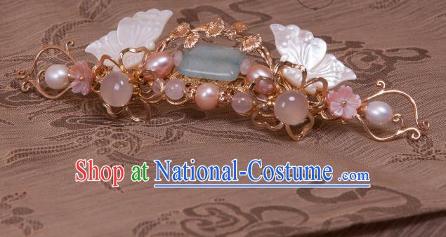 Chinese Handmade Pearls Hairpin Traditional Ming Dynasty Princess Shell Butterfly Hair Crown