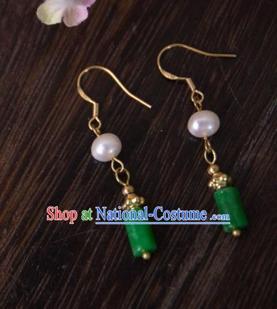 China Traditional Hanfu Green Jade Earrings Ancient Qing Dynasty Palace Lady Ear Jewelry