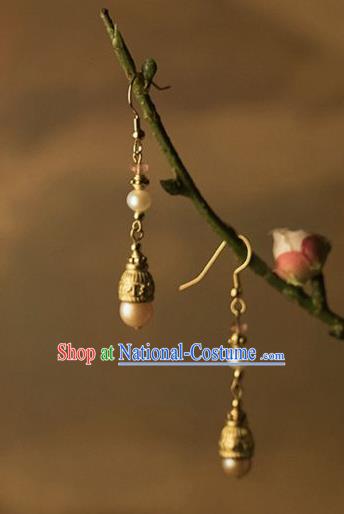 China Traditional Golden Earrings Ancient Qing Dynasty Imperial Consort Pearls Ear Jewelry