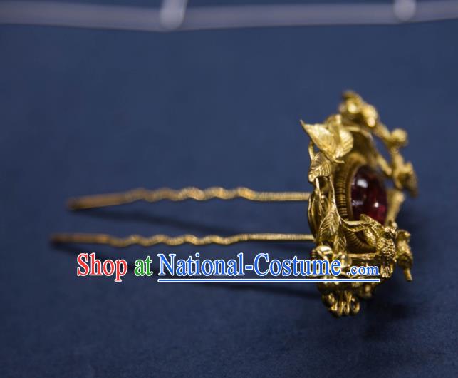 Chinese Handmade Golden Hairpin Traditional Ming Dynasty Princess Ruby Hair Stick