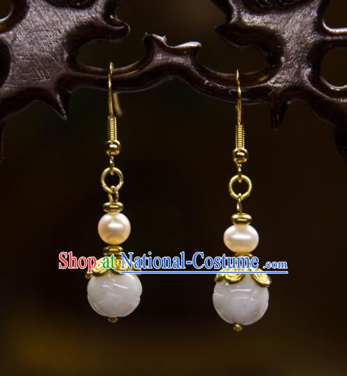 China Traditional Jade Carving Lotus Earrings Ancient Ming Dynasty Pearl Golden Ear Jewelry