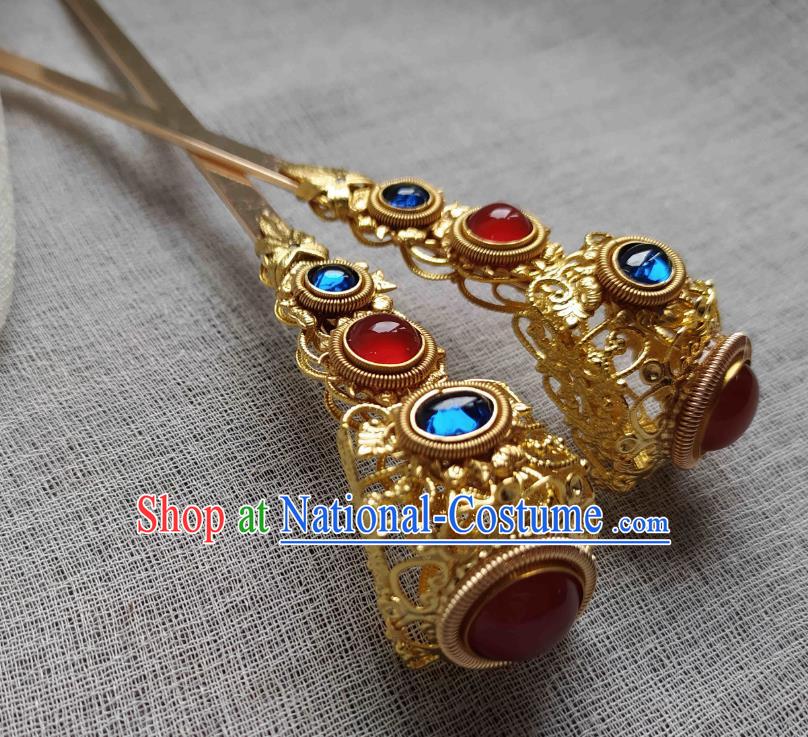 Chinese Handmade Ancient Gems Hairpin Traditional Ming Dynasty Empress Golden Hair Stick