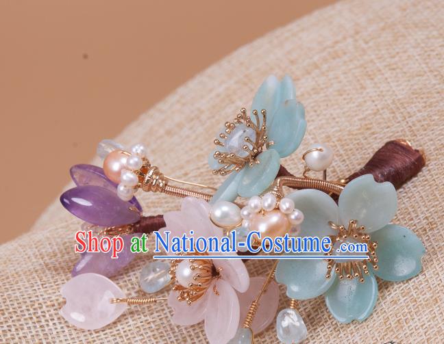 Chinese Handmade Flowers Hair Stick Traditional Ming Dynasty Hanfu Hair Accessories Ancient Princess Pearls Hairpin