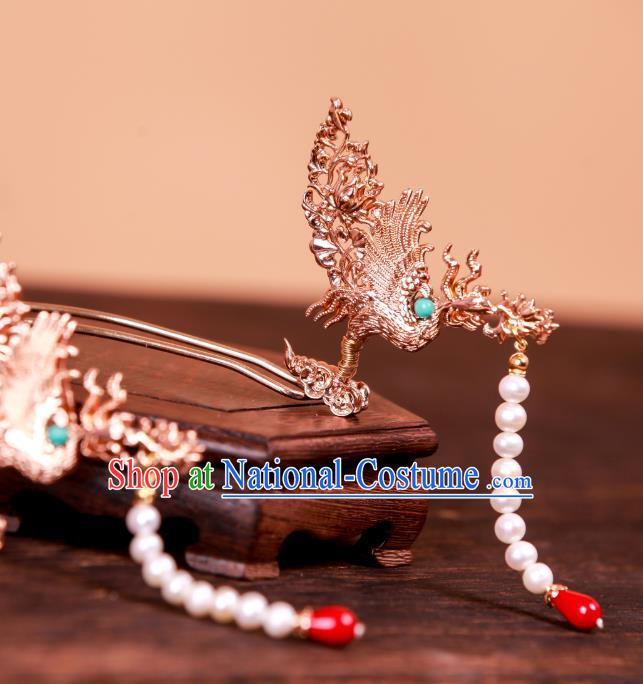 Chinese Handmade Tassel Hair Stick Traditional Ming Dynasty Hanfu Hair Accessories Ancient Empress Golden Phoenix Hairpin