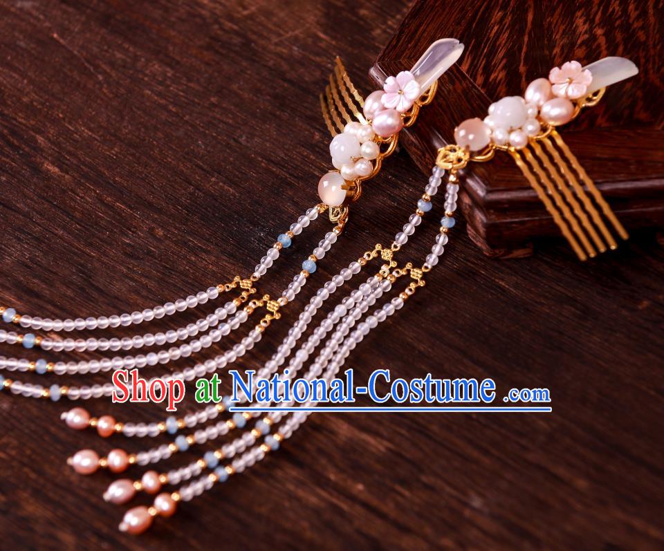 Chinese Handmade Beads Tassel Hair Comb Traditional Ming Dynasty Hanfu Hair Accessories Ancient Princess Golden Hairpin