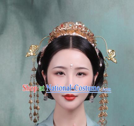 Chinese Handmade Golden Tassel Hair Crown Traditional Tang Dynasty Empress Phoenix Coronet