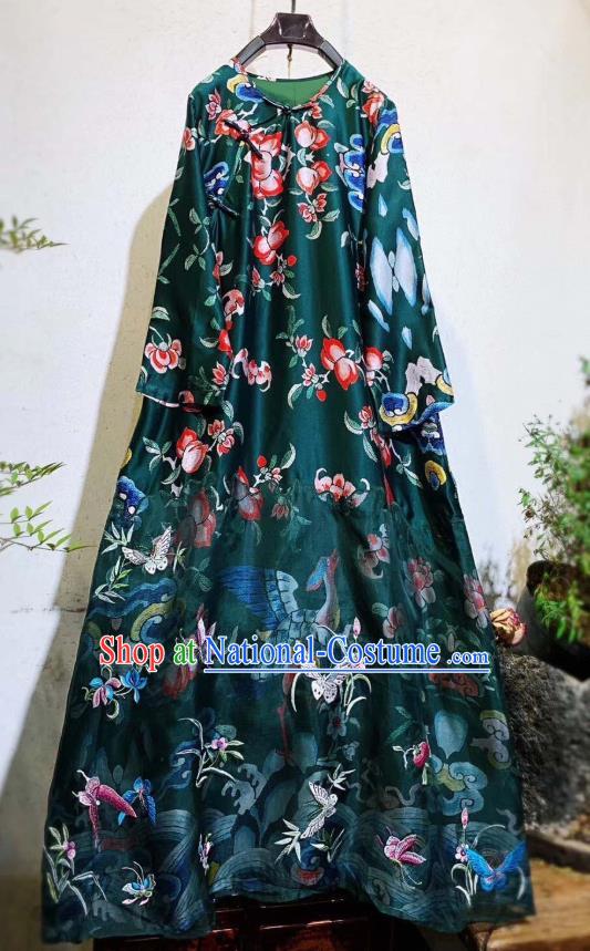 Chinese National Atrovirens Silk Qipao Dress Traditional Embroidered Butterfly Cheongsam Clothing