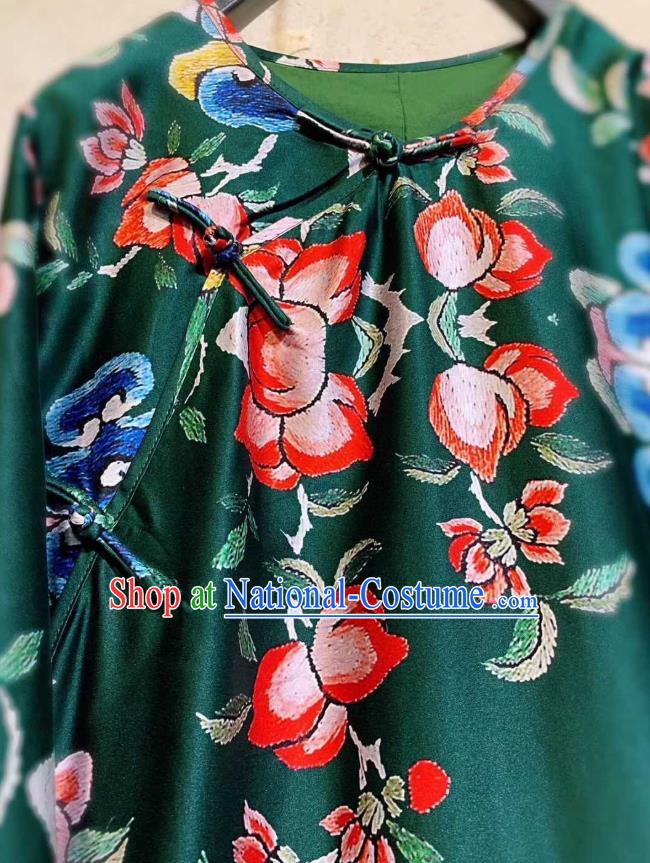 Chinese National Atrovirens Silk Qipao Dress Traditional Embroidered Butterfly Cheongsam Clothing