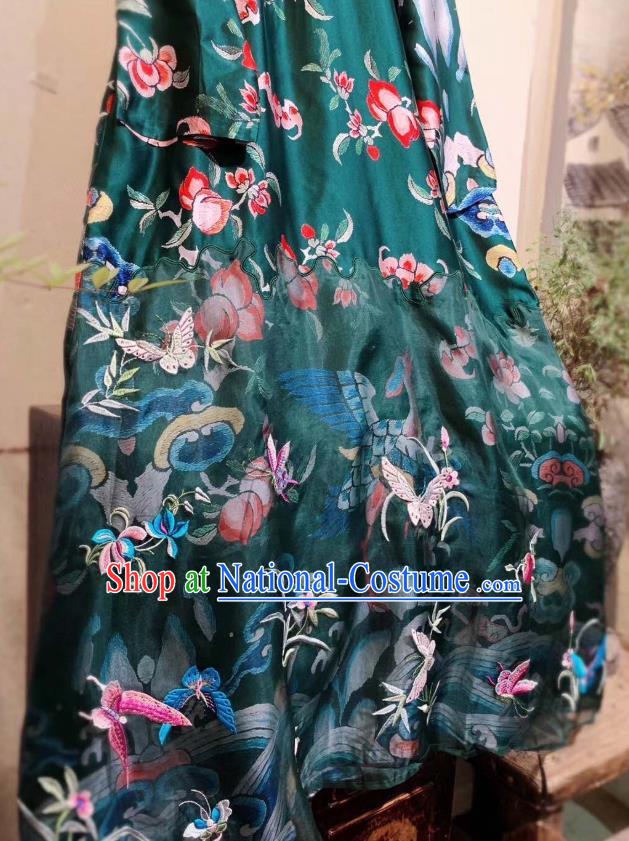 Chinese National Atrovirens Silk Qipao Dress Traditional Embroidered Butterfly Cheongsam Clothing