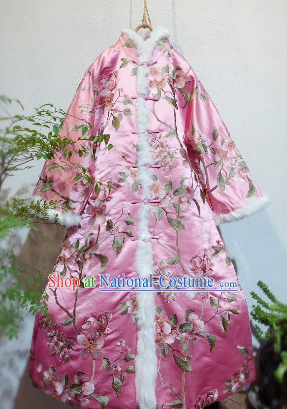 China Traditional Pink Silk Dust Coat Tang Suit Winter Clothing National Embroidered Peach Blossom Outer Wear