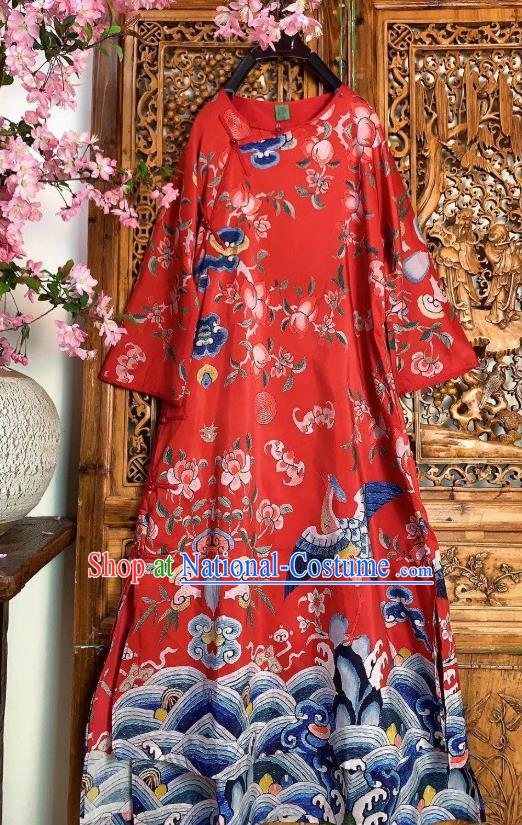 Chinese Traditional Printing Red Silk Cheongsam Clothing National Qipao Dress