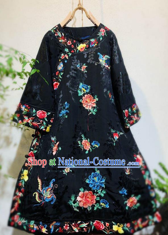 Chinese National Qipao Dress Traditional Embroidered Peony Black Silk Cheongsam Clothing