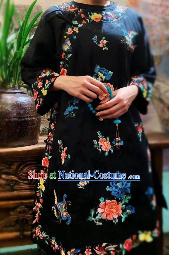 Chinese National Qipao Dress Traditional Embroidered Peony Black Silk Cheongsam Clothing