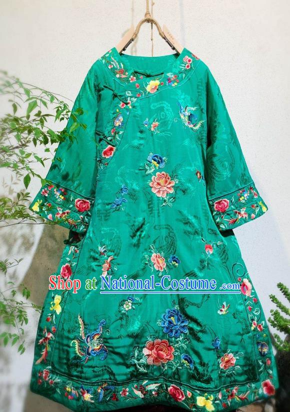 Chinese National Wedding Qipao Dress Traditional Embroidered Peony Green Silk Cheongsam Clothing