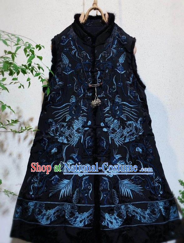 China Embroidered Black Silk Vest Tang Suit Waistcoat National Winter Clothing