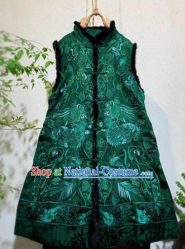 China National Winter Clothing Embroidered Green Silk Vest Tang Suit Waistcoat