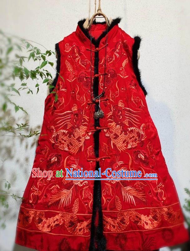 China National Winter Clothing Embroidered Red Silk Vest Tang Suit Cotton Padded Waistcoat