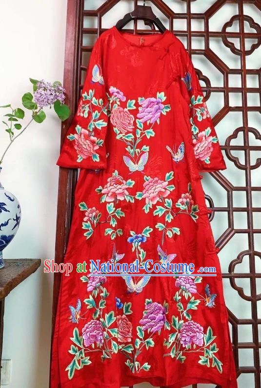 Chinese National Red Silk Qipao Dress Traditional Embroidered Peony Long Cheongsam Clothing