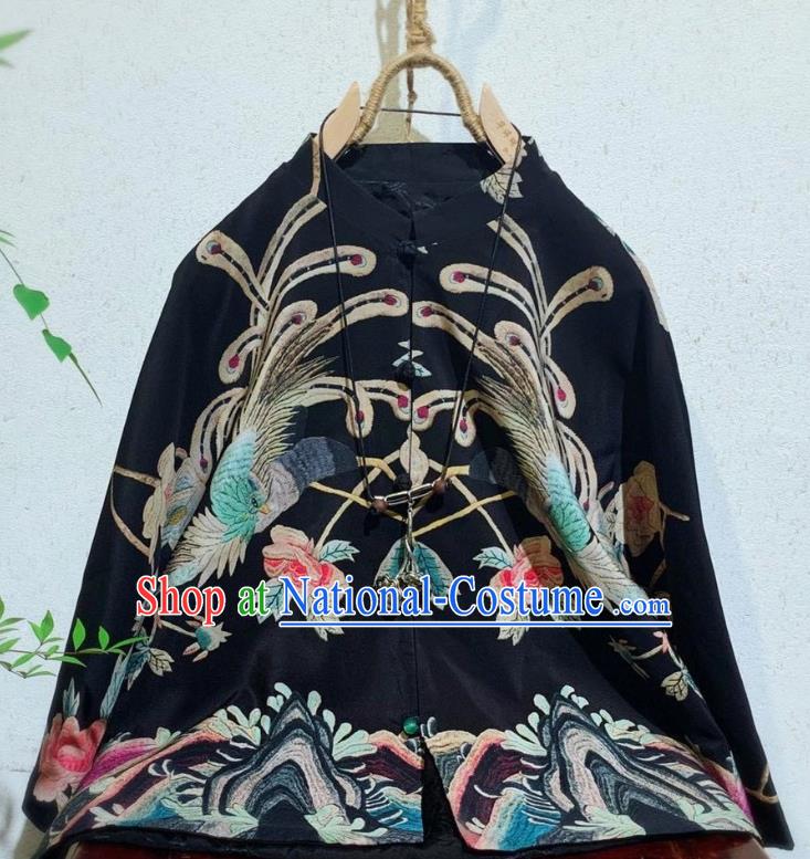 China Traditional Black Silk Coat Tang Suit Upper Outer Garment Clothing National Printing Phoenix Jacket