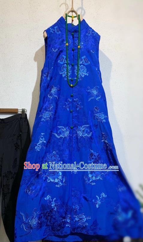 Chinese Traditional Mandarin Long Cheongsam National Clothing Royalblue Silk Qipao Dress