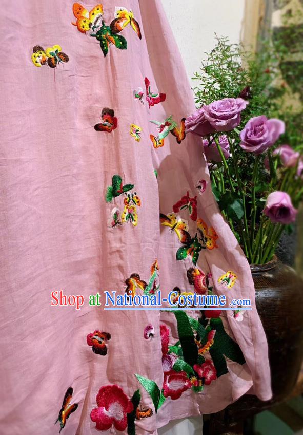 Chinese National Pink Flax Cheongsam Traditional Dress Clothing Embroidered Butterfly Qipao