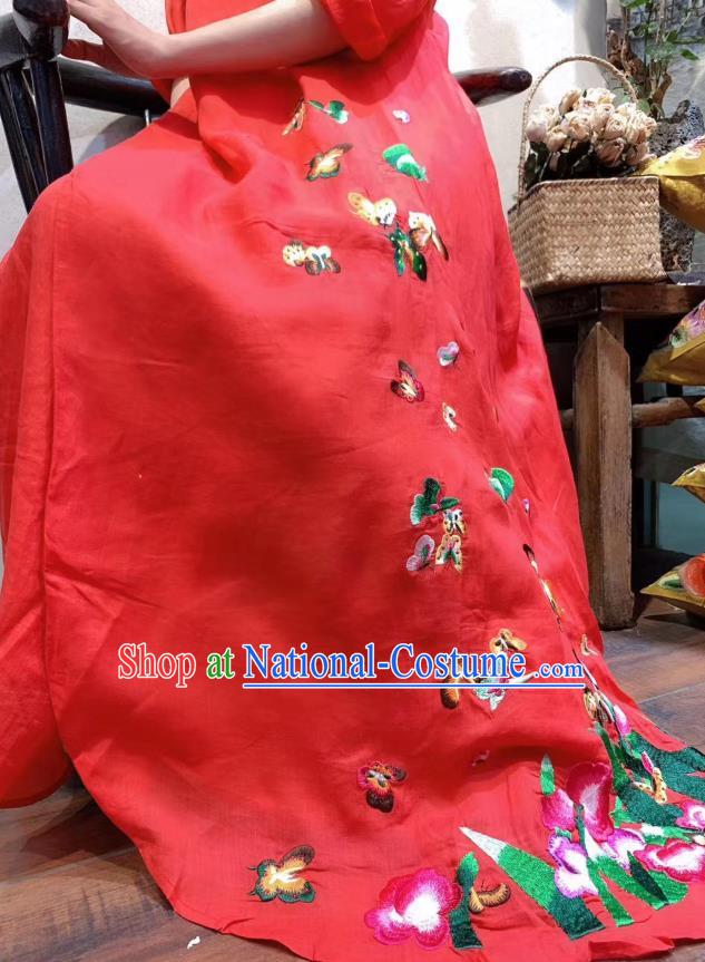 Chinese Traditional Clothing Embroidered Butterfly Long Qipao Dress National Red Flax Cheongsam