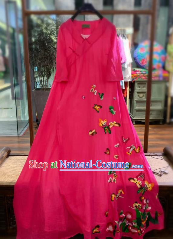 Chinese Traditional Embroidered Butterfly Long Qipao Dress National Rosy Flax Cheongsam Clothing