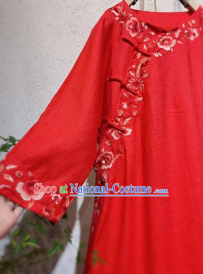 Chinese Embroidered Red Flax Qipao Dress Traditional Long Cheongsam National Clothing