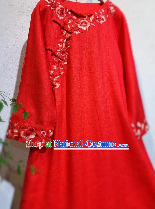 Chinese Embroidered Red Flax Qipao Dress Traditional Long Cheongsam National Clothing