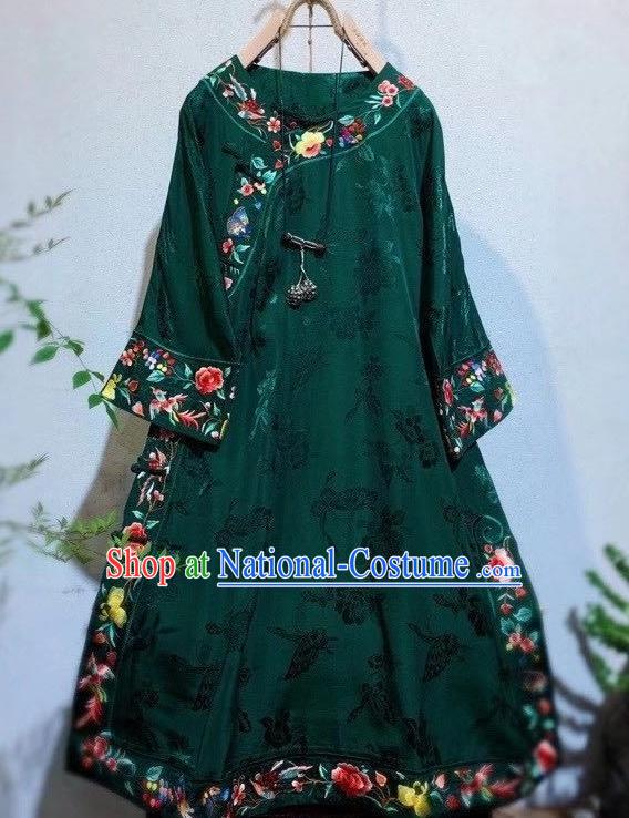 Chinese Traditional Deep Green Silk Cheongsam National Embroidered Clothing Mandarin Qipao Dress