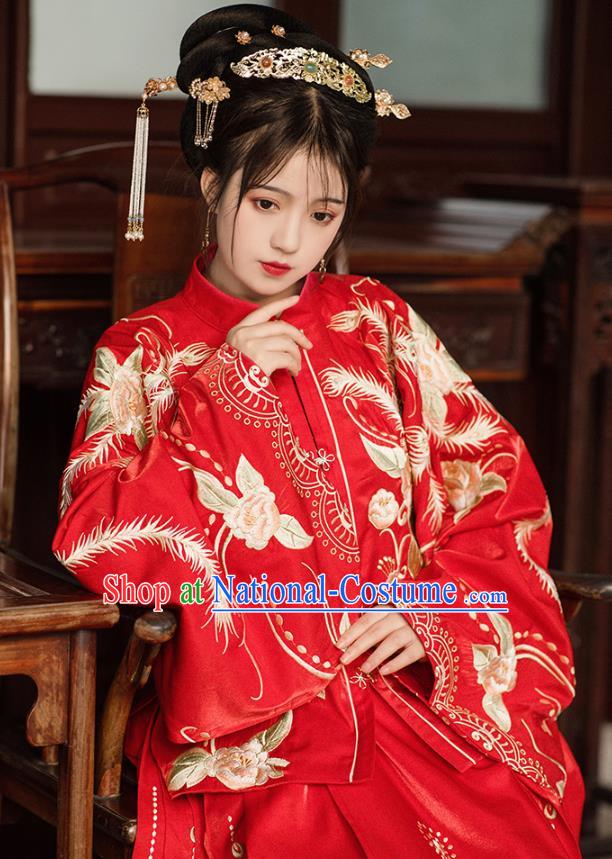 China Traditional Ming Dynasty Wedding Red Hanfu Dress Ancient Bride Historical Clothing for Women