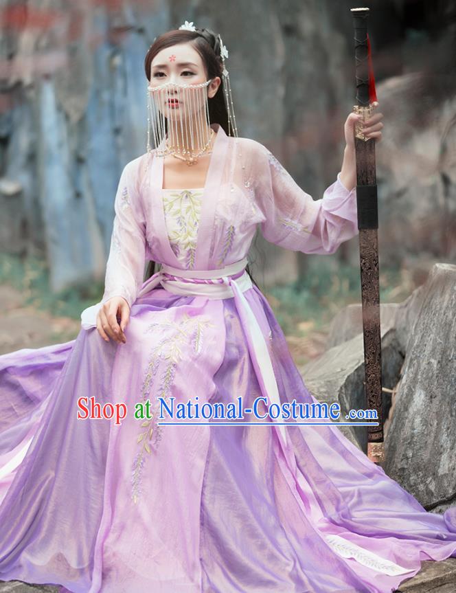 China Ancient Female Swordsman Hanfu Clothing Traditional Ming Dynasty Chivalrous Lady Purple Dress