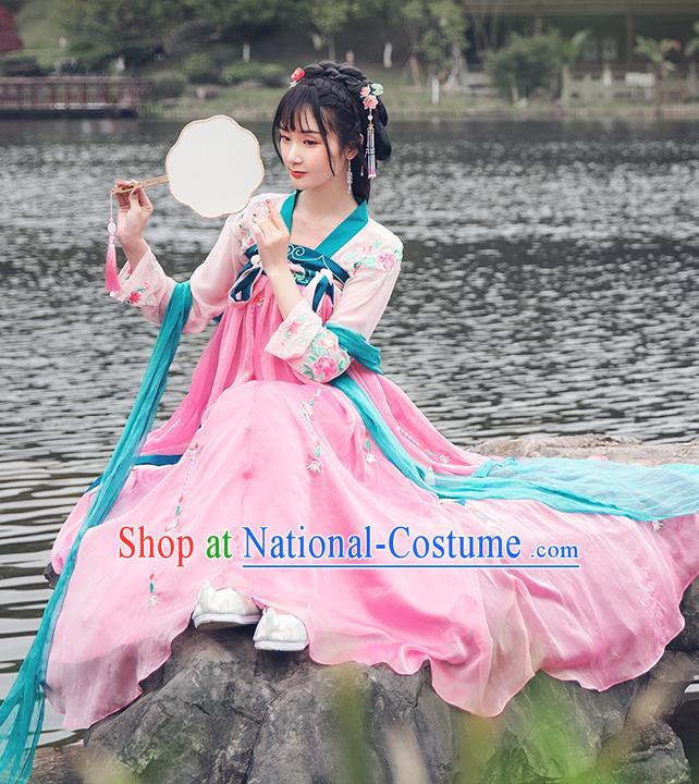 China Traditional Tang Dynasty Palace Lady Pink Hanfu Dress Ancient Young Beauty Costume