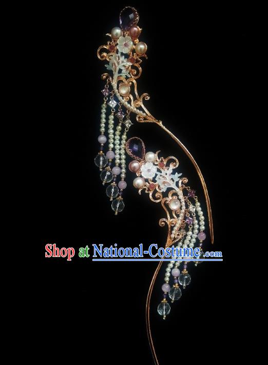 Chinese Handmade Ancient Princess Pearls Tassel Hairpin Traditional Ming Dynasty Zircon Hair Stick