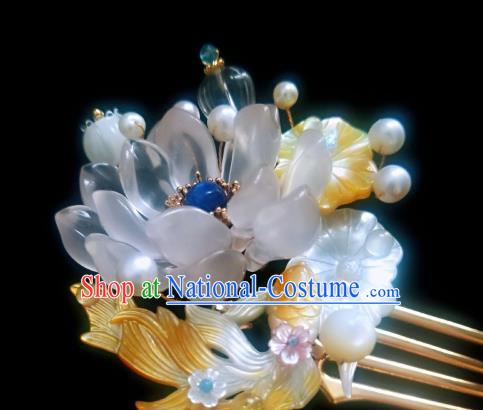 Chinese Handmade Shell Hairpin Traditional Ming Dynasty Lotus Goldfish Hair Comb