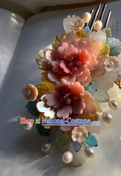 Chinese Handmade Shell Hair Stick Traditional Ming Dynasty Princess Pink Peony Hair Comb