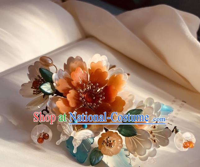 Chinese Handmade Shell Butterfly Hair Stick Traditional Ming Dynasty Princess Red Peony Hairpin