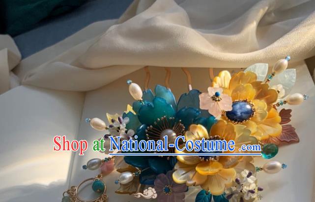 Chinese Handmade Lapis Pearls Hairpin Traditional Ming Dynasty Princess Shell Flowers Tassel Hair Comb