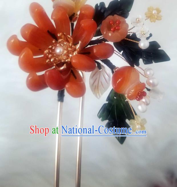 Chinese Handmade Red Chrysanthemum Hairpin Traditional Ming Dynasty Princess Ceregat Pearls Hair Stick