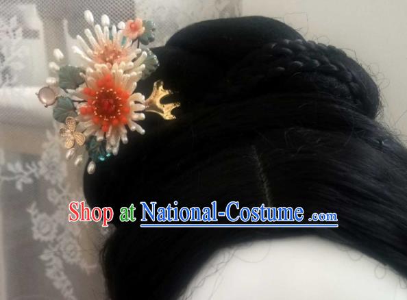 Chinese Handmade Pearls Chrysanthemum Hairpin Traditional Song Dynasty Empress Hair Comb