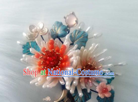 Chinese Handmade Pearls Chrysanthemum Hairpin Traditional Song Dynasty Empress Hair Comb