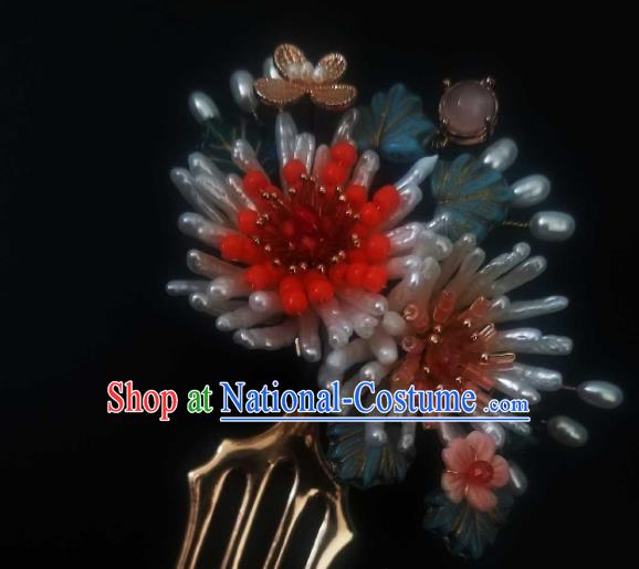 Chinese Handmade Pearls Chrysanthemum Hairpin Traditional Song Dynasty Empress Hair Comb