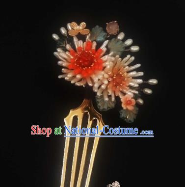 Chinese Handmade Pearls Chrysanthemum Hairpin Traditional Song Dynasty Empress Hair Comb