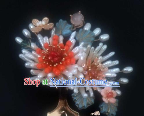 Chinese Handmade Pearls Chrysanthemum Hairpin Traditional Song Dynasty Empress Hair Comb