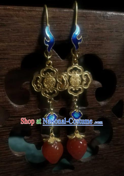 China Traditional Qing Dynasty Court Blueing Earrings Ancient Ming Dynasty Agate Strawberry Ear Jewelry