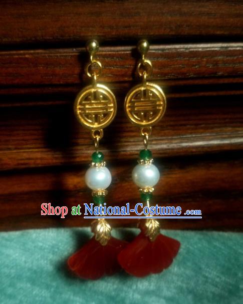 China Traditional Red Ginkgo Leaf Earrings Ancient Ming Dynasty Golden Ear Jewelry