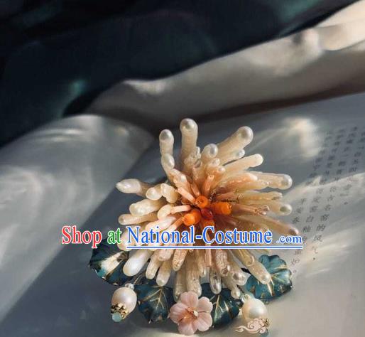 Chinese Handmade Pearls Hair Stick Traditional Song Dynasty Empress Shell Chrysanthemum Hairpin