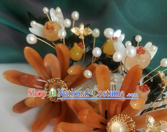 Chinese Handmade Ceregat Pearls Hairpin Traditional Ming Dynasty Princess Red Chrysanthemum Hair Stick