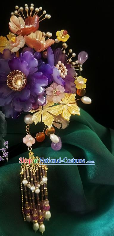 Chinese Handmade Purple Peony Hairpin Traditional Ming Dynasty Princess Pearls Tassel Hair Clip